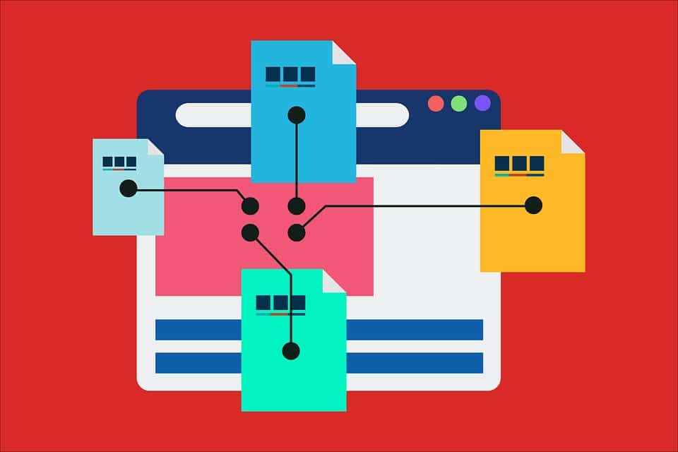 A vector image of a sitemap, where sheets of different colors connect to the main page.