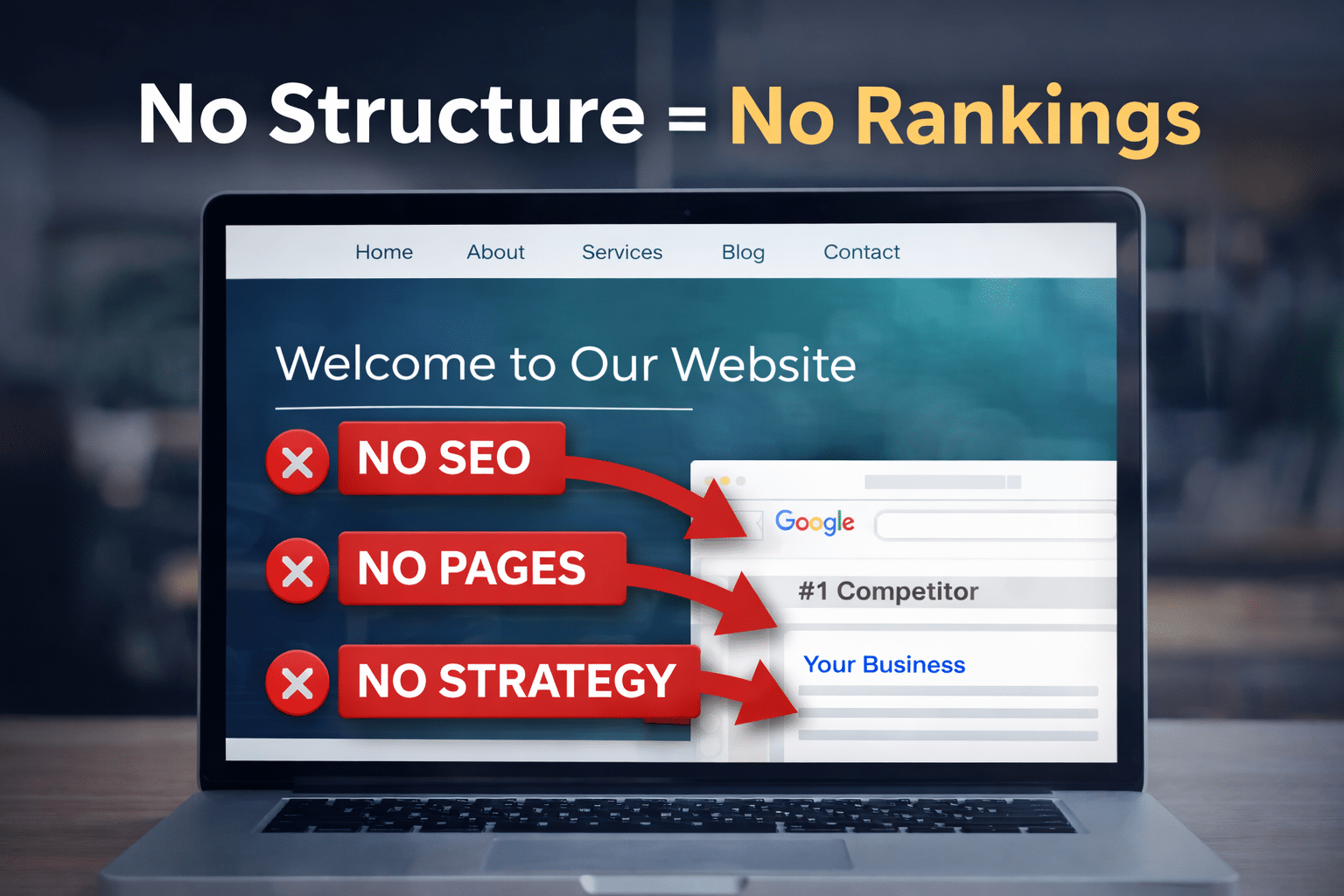 website with no SEO structure showing no rankings and missing pages highlighted with errors