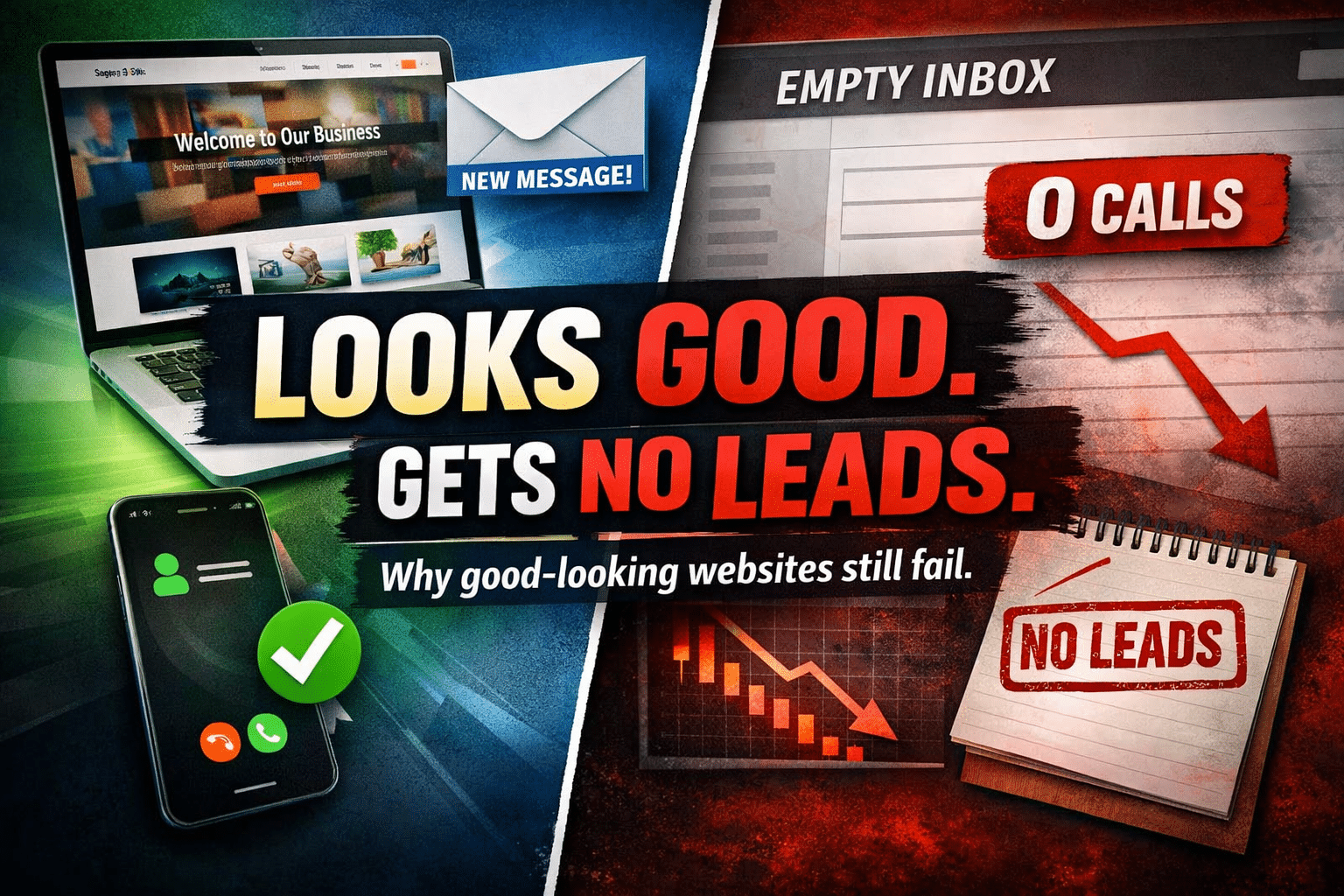 Website looks professional but generates no leads illustration showing empty inbox, zero calls, and declining analytics