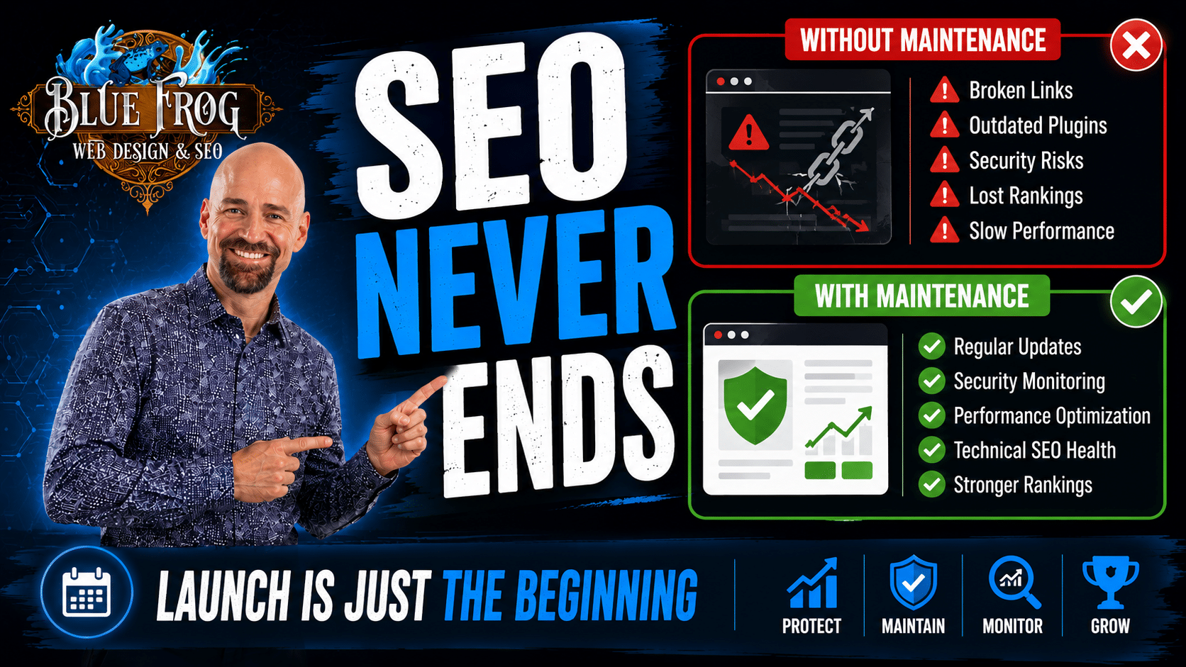 Paul Floyd explaining why ongoing website maintenance is necessary to protect SEO performance, rankings, website security, and long-term organic growth.