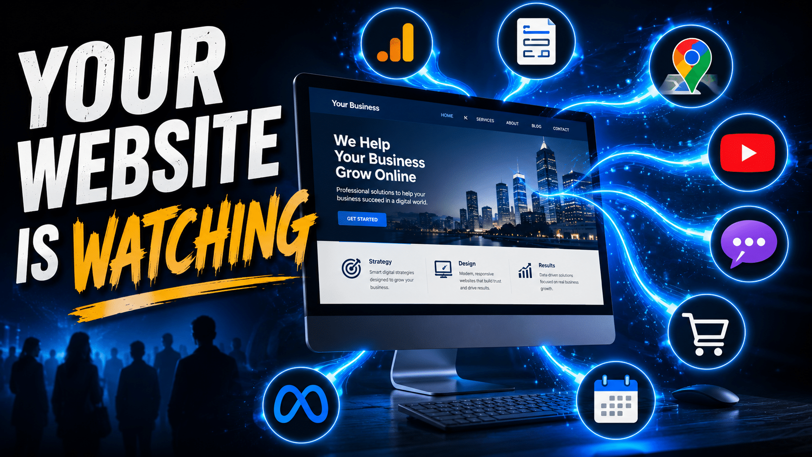 Modern business website surrounded by analytics, contact form, maps, video, chat, ecommerce, and advertising icons representing visitor data collection.