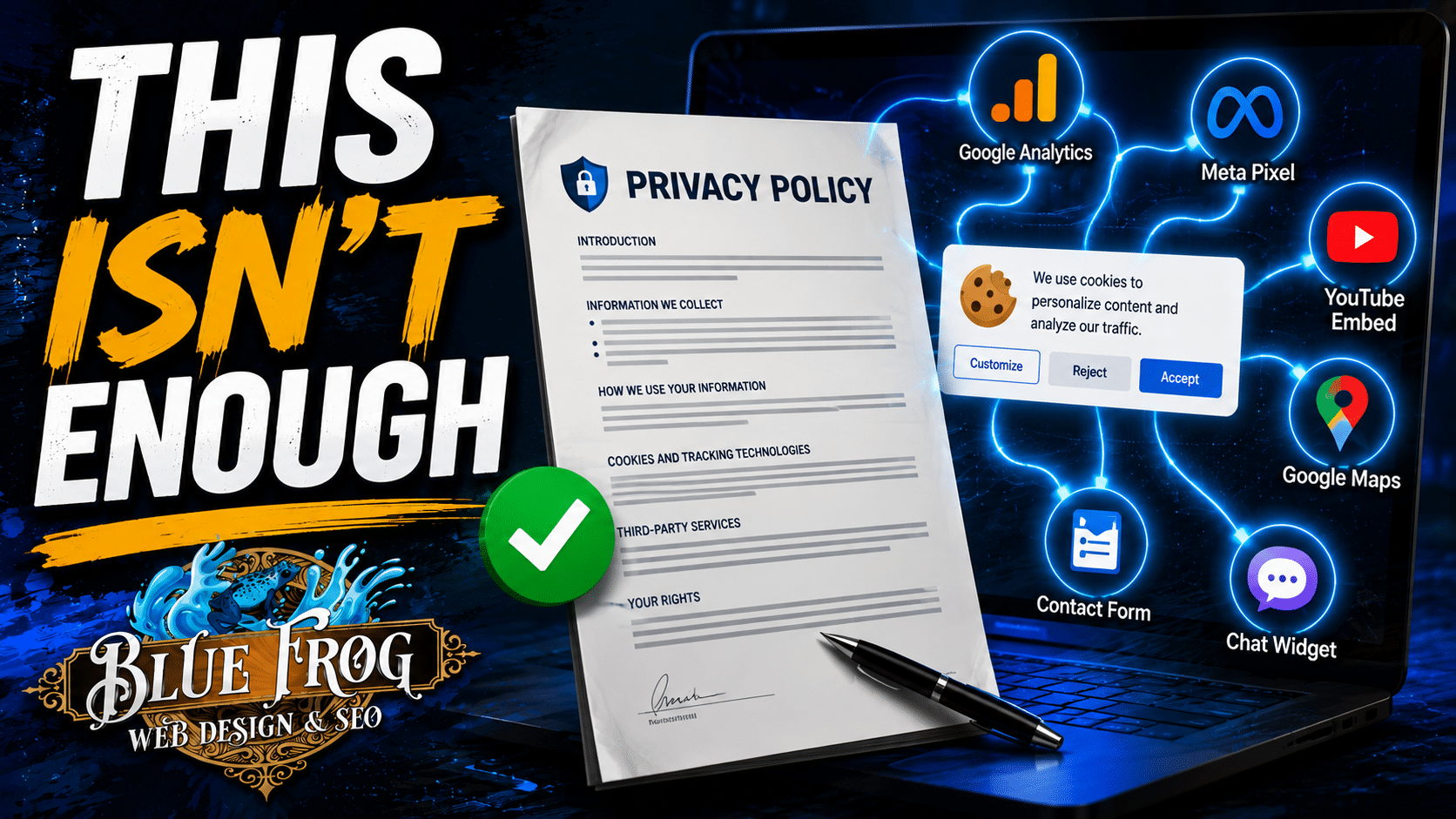 Privacy Policy document displayed in front of website tracking technologies including analytics, cookie consent, maps, chat, and contact forms.
